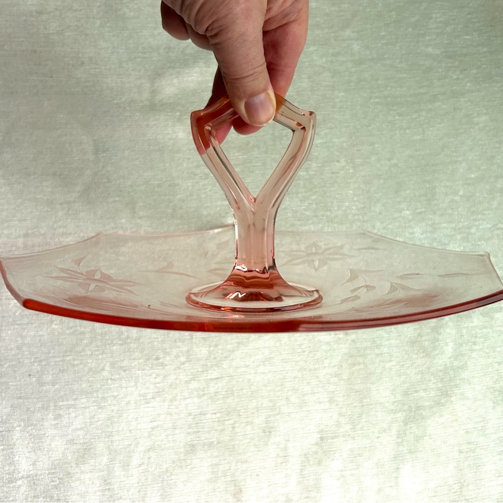 vintage mcm pink glass serving dish with handle etched flowers